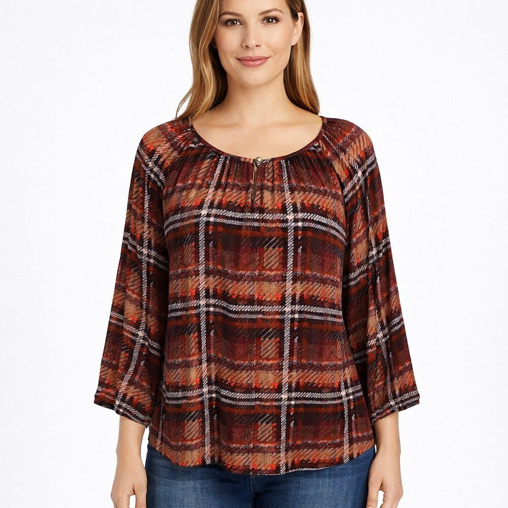 Talbots Plaid Peasant Blouse 3/4 Sleeve Rust Brown Top Size Large NWOT LW